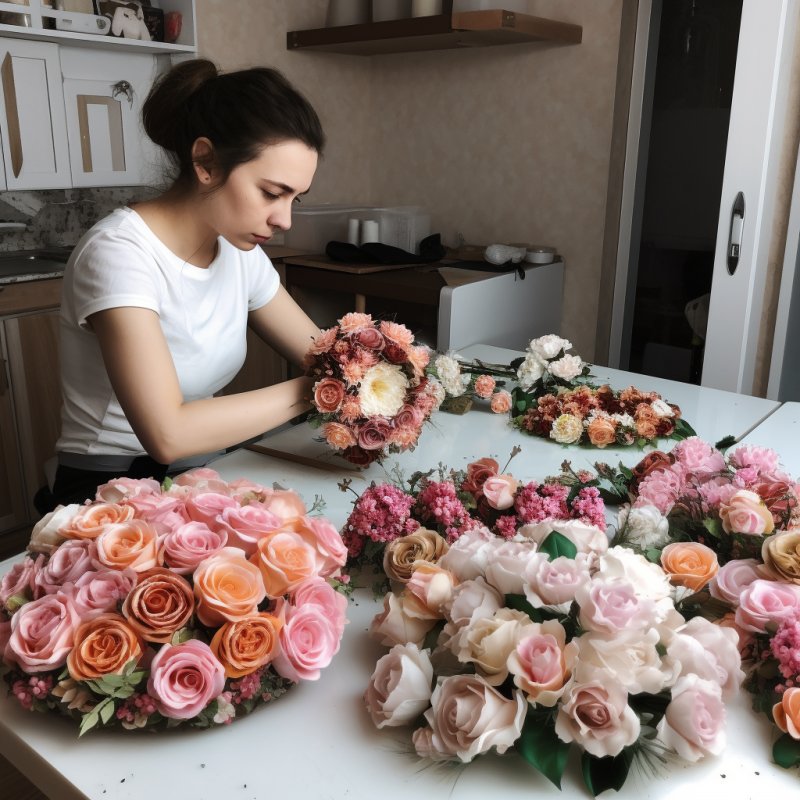 Praca chałupnicza: składanie sztucznych kwiatów w domu